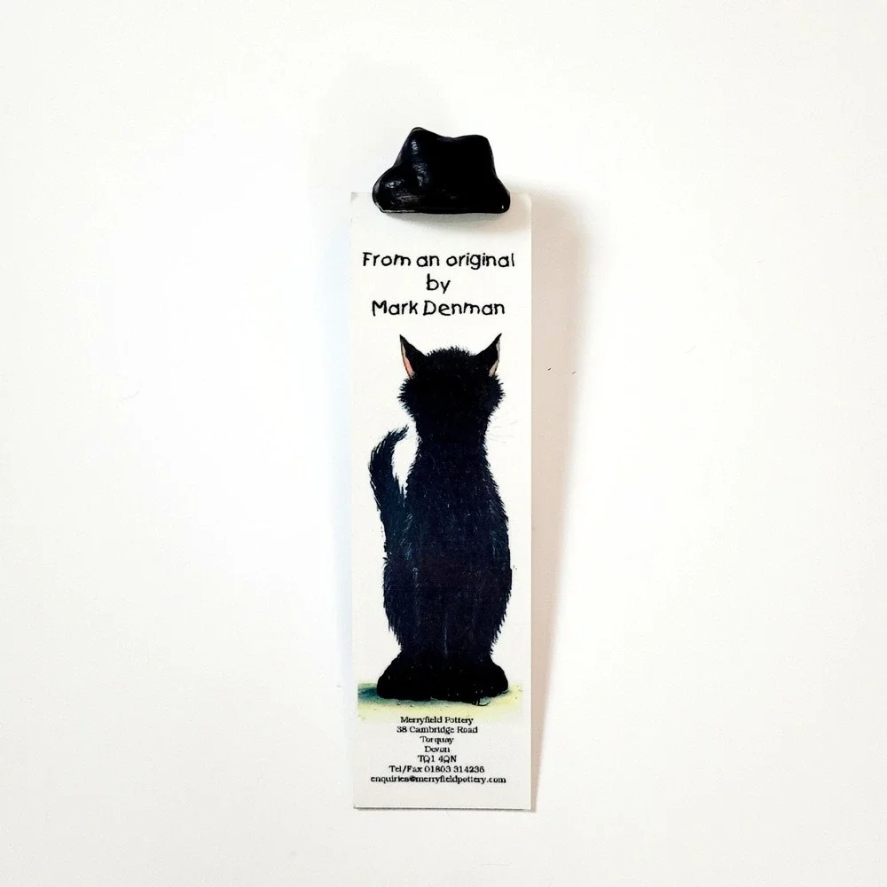 Vintage 90s Merryfield Pottery bookmark- black tuxedo cat- Mark Denman- Devon UK